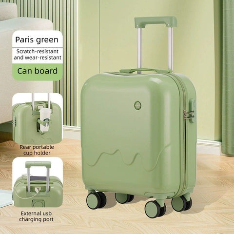 20 Inch Cute Carry On Suitcase, Hard Shell Cabin Luggage with USB Charging Port & Cup Holder, Lightweight Travel Trolley Case- Matcha Green