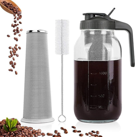 Cold Brew Coffee Maker, 64 oz Mason Jar Pitcher with Stainless Steel Filter, Pour Spout Handle Lid, Airtight & Leak-Proof for Iced Coffee,Tea & Lemonade