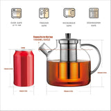 1500ml Glass Teapot with Removable Infuser, Stovetop Safe Large Tea Pot, Blooming and Loose Leaf Hand Crafted Kettle for Women and Adult with Stainless Infuser