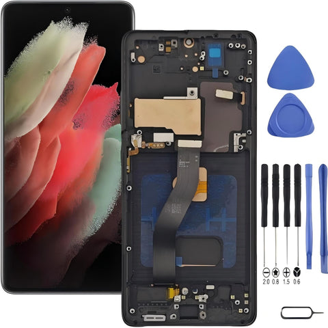 Samsung Galaxy S21 Ultra 5G Screen Replacement with Frame, 6.8" Dynamic AMOLED 2X Curved Touch Digitizer, Full Repair Tool Kit & Tempered Glass Protector for SM-G998U SM-G998A SM-G998W