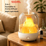 【900ML 3-in-1 Humidifier】 & Essential Oil Diffuser with Night Light, USB Powered Quiet Cool Mist Humidifier for Bedroom Office Home, Volcano Flame Effect Aromatherapy Humidifier, 36dB Low Noise, Large Capacity