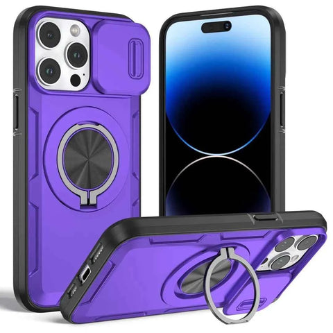 Red Warrior 2-in-1 Magnetic Sliding Lens Case Purple for iPhone 14 Pro