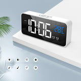 LED Alarm Electric Clock Multifunctional Exquisite Mirrored Surface Silent Bedside Clock for Home Bedroom Office Decor White