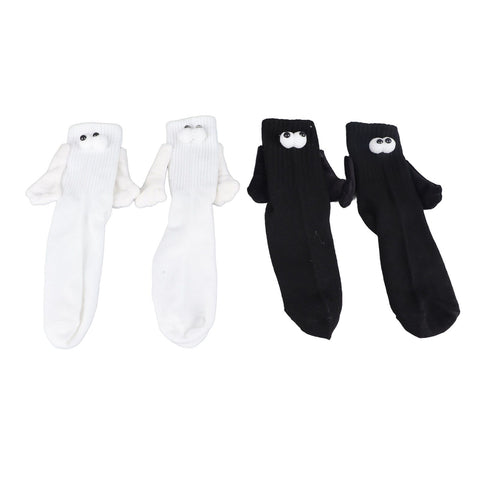 2 Pair Funny Magnetic Suction 3D Doll Couple Socks Funny Holding Hands Socks for Couple Black and White