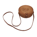 Handwoven Round Rattan Bag Tropical Beach Style Woven Shoulder Rattan Bag with Leather Strap 20cm Diameter Plain Colour Leather Buckle with Lining