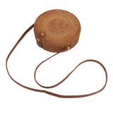 Handwoven Round Rattan Bag Tropical Beach Style Woven Shoulder Rattan Bag with Leather Strap 20cm Diameter Plain Colour Leather Buckle with Lining In Australia - Darrahopens