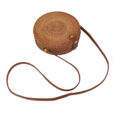 Handwoven Round Rattan Bag Tropical Beach Style Woven Shoulder Rattan Bag with Leather Strap 20cm Diameter Plain Colour Leather Buckle with Lining