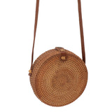 Handwoven Round Rattan Bag Tropical Beach Style Woven Shoulder Rattan Bag with Leather Strap 20cm Diameter Plain Colour Leather Buckle with Lining