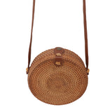 Handwoven Round Rattan Bag Tropical Beach Style Woven Shoulder Rattan Bag with Leather Strap 20cm Diameter Plain Colour Leather Buckle with Lining In Australia - Darrahopens