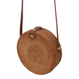 Handwoven Round Rattan Bag Tropical Beach Style Woven Shoulder Rattan Bag with Leather Strap 20cm Diameter Plain Colour Leather Buckle with Lining In Australia - Darrahopens