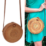 Handwoven Round Rattan Bag Tropical Beach Style Woven Shoulder Rattan Bag with Leather Strap 20cm Diameter Plain Colour Leather Buckle with Lining In Australia - Darrahopens