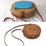 Handwoven Round Rattan Bag Tropical Beach Style Woven Shoulder Rattan Bag with Leather Strap 20cm Diameter Plain Colour Leather Buckle with Lining In Australia - Darrahopens