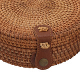 Handwoven Round Rattan Bag Tropical Beach Style Woven Shoulder Rattan Bag with Leather Strap 20cm Diameter Plain Colour Leather Buckle with Lining In Australia - Darrahopens