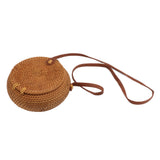 Handwoven Round Rattan Bag Tropical Beach Style Woven Shoulder Rattan Bag with Leather Strap 20cm Diameter Natural Color Oval with Lining