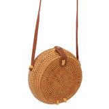 Handwoven Round Rattan Bag Tropical Beach Style Woven Shoulder Rattan Bag with Leather Strap 20cm Diameter Natural Color Oval with Lining