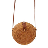Handwoven Round Rattan Bag Tropical Beach Style Woven Shoulder Rattan Bag with Leather Strap 20cm Diameter Natural Color Oval with Lining