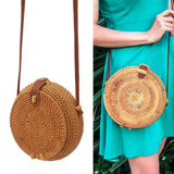 Handwoven Round Rattan Bag Tropical Beach Style Woven Shoulder Rattan Bag with Leather Strap 20cm Diameter Natural Color Oval with Lining