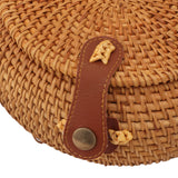 Handwoven Round Rattan Bag Tropical Beach Style Woven Shoulder Rattan Bag with Leather Strap 20cm Diameter Natural Color Oval with Lining
