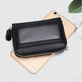 Card Wallet Black Leather 10 Slots Zipper Compact Transparent Window Card Holder for Travel Daily Outdoor