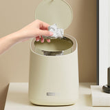 Mini Countertop Garbage Can Small Plastic Countertop Wastebasket Waste Can with Press Type Lid for Bathroom Bedroom Living Room Dressing Table Cream White