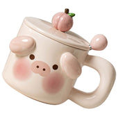 Cartoon Coffee Mug with Spoon Lid Cute Lovely Animal Shape Milk Cup Mug for Office School Pig Type