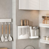 Kitchen Utensil Holder ABS Wall Mounted Multifunctional Draining Chopstick Cage Spoon Forks Storage Box for Home Countertop White