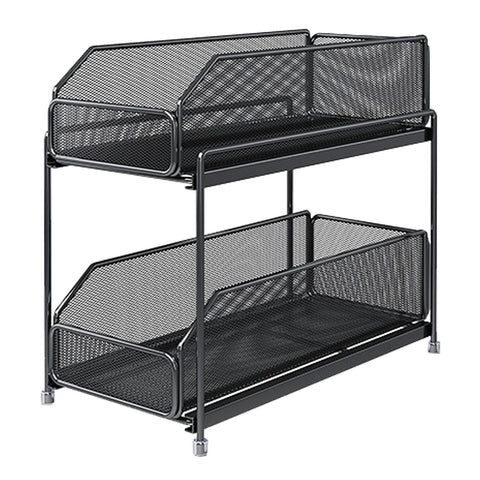 Pull Out Cabinet Organizer 2 Tier Carbon Steel Mesh Large Capacity Easy Maintenance Sliding Basket Drawer Black
