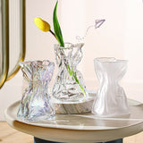 Pleated Glass Vase Light Luxury Hydroponic Vase Living Room Dining Table Dried Flower Vase Flower Arrangement Ornaments