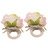 2Pcs Novelty Wooden Napkin Buckle Artificial Floral Napkin Ring for Festival Table DecorationPink