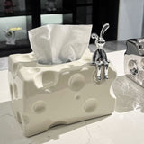Tissue Box Cover Ceramic Rectangular Stylish Elegant Decorative Napkin Box Holder for Desktop Coffee Table Milky White