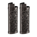 2Pcs Lighter Case Zinc Alloy Lighter Storage Container Floral Pattern for Outdoor Camping Hiking Black