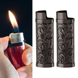 2Pcs Lighter Case Zinc Alloy Lighter Storage Container Floral Pattern for Outdoor Camping Hiking Black