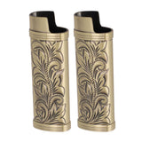 2Pcs Lighter Case Zinc Alloy Lighter Storage Container Floral Pattern for Outdoor Camping Hiking Bronze