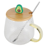 400ml Cute High Borosilicate Glass Cup HeatResistant Mug with Stainless Steel Spoon Bamboo Lid(Avocado )