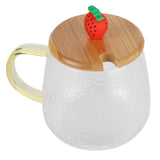 400ml Cute High Borosilicate Glass Cup HeatResistant Mug with Stainless Steel Spoon Bamboo Lid(Strawberry )