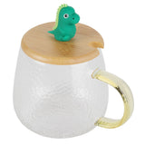 400ml Cute High Borosilicate Glass Cup HeatResistant Mug with Stainless Steel Spoon Bamboo Lid(Dinosaur )
