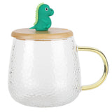 400ml Cute High Borosilicate Glass Cup HeatResistant Mug with Stainless Steel Spoon Bamboo Lid(Dinosaur )