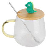 400ml Cute High Borosilicate Glass Cup HeatResistant Mug with Stainless Steel Spoon Bamboo Lid(Dinosaur )