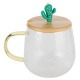 400ml Cute High Borosilicate Glass Cup HeatResistant Mug with Stainless Steel Spoon Bamboo Lid(Cactus )