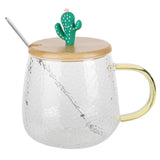 400ml Cute High Borosilicate Glass Cup HeatResistant Mug with Stainless Steel Spoon Bamboo Lid(Cactus )