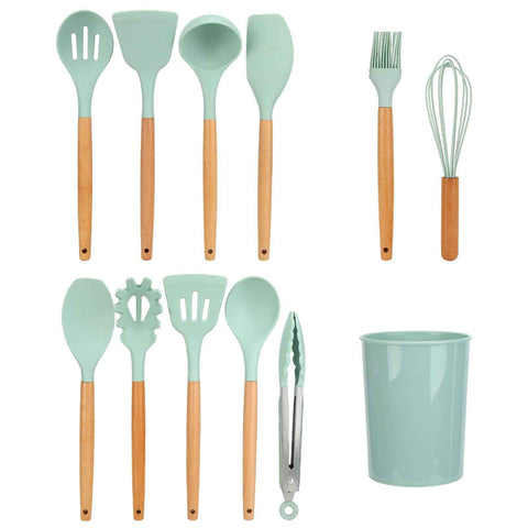12Pcs/Set Cooking Utensil with Wooden Handle Silicone Cooking Tool for Home KitchenLight Green