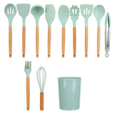 12Pcs/Set Cooking Utensil with Wooden Handle Silicone Cooking Tool for Home KitchenLight Green
