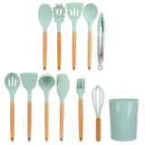 12Pcs/Set Cooking Utensil with Wooden Handle Silicone Cooking Tool for Home KitchenLight Green