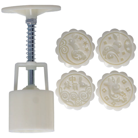 50g HandPress Mooncake Mold Dessert Biscuits Mold Baking Tool with 4 Round Stamps for Kitchen(Cute Rabbits Pattern ) In Australia - Darrahopens