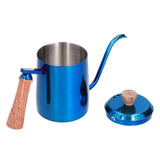 600ml Stainless Steel Manual Coffee Pot Long Narrow Spout Pour Over Kettle with Wooden HandleBlue