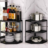 Kitchen Small Corner Shelf Rack Fan Shaped Space Saving Stable Carbon Steel Cookware Stand for Pots Pans 3 Layer Black 27x27x45.5cm
