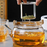 Household Teapot 1000ml Large Capacity Multifunctional Borosilicate Teapot with Bamboo Handle