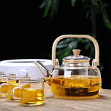 Household Teapot 1000ml Large Capacity Multifunctional Borosilicate Teapot with Bamboo Handle