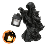 LED Halloween Ornament Resin Witch Sculpture Statue Lantern for Garden Terrace FestivalsBlack