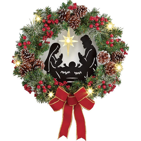Christmas Wreath with Jesus Red Berry Pine Cone Nativity Scene LED Lights String Wreath Mixed Holiday Decorations In Australia - Darrahopens